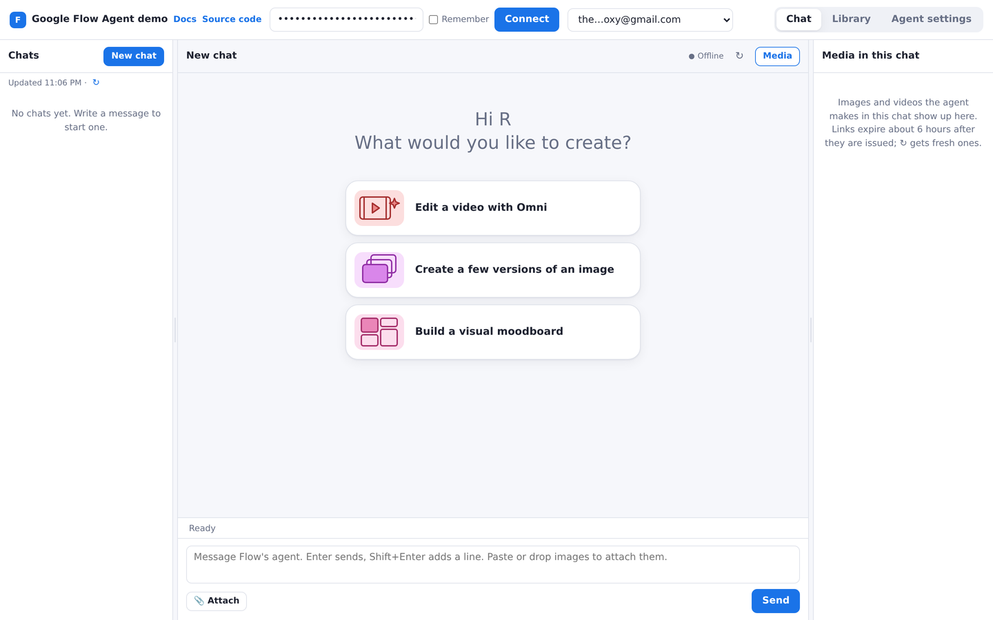 New chat in the Google Flow Agent demo: a greeting, three starter cards and the message box