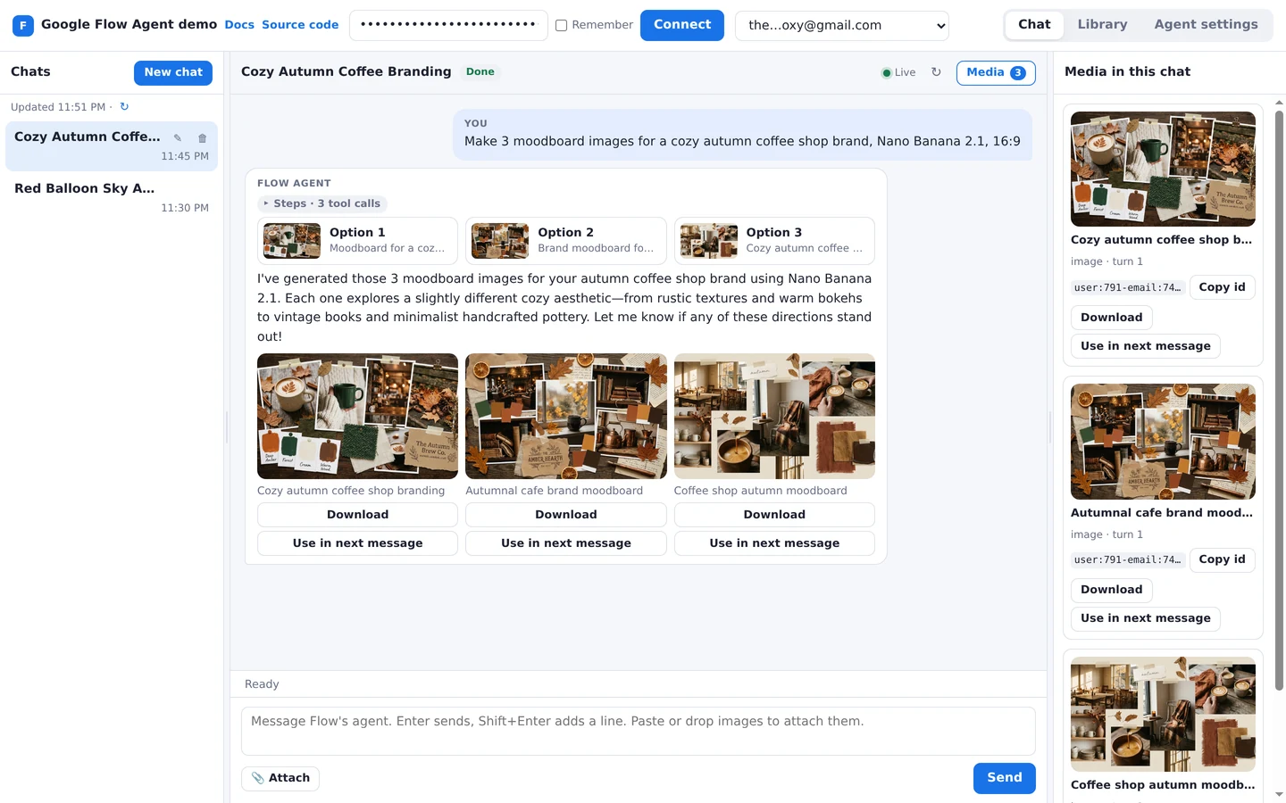 A finished turn in the Google Flow Agent demo: three moodboard images inline under the agent's answer, the Steps toggle and the media panel