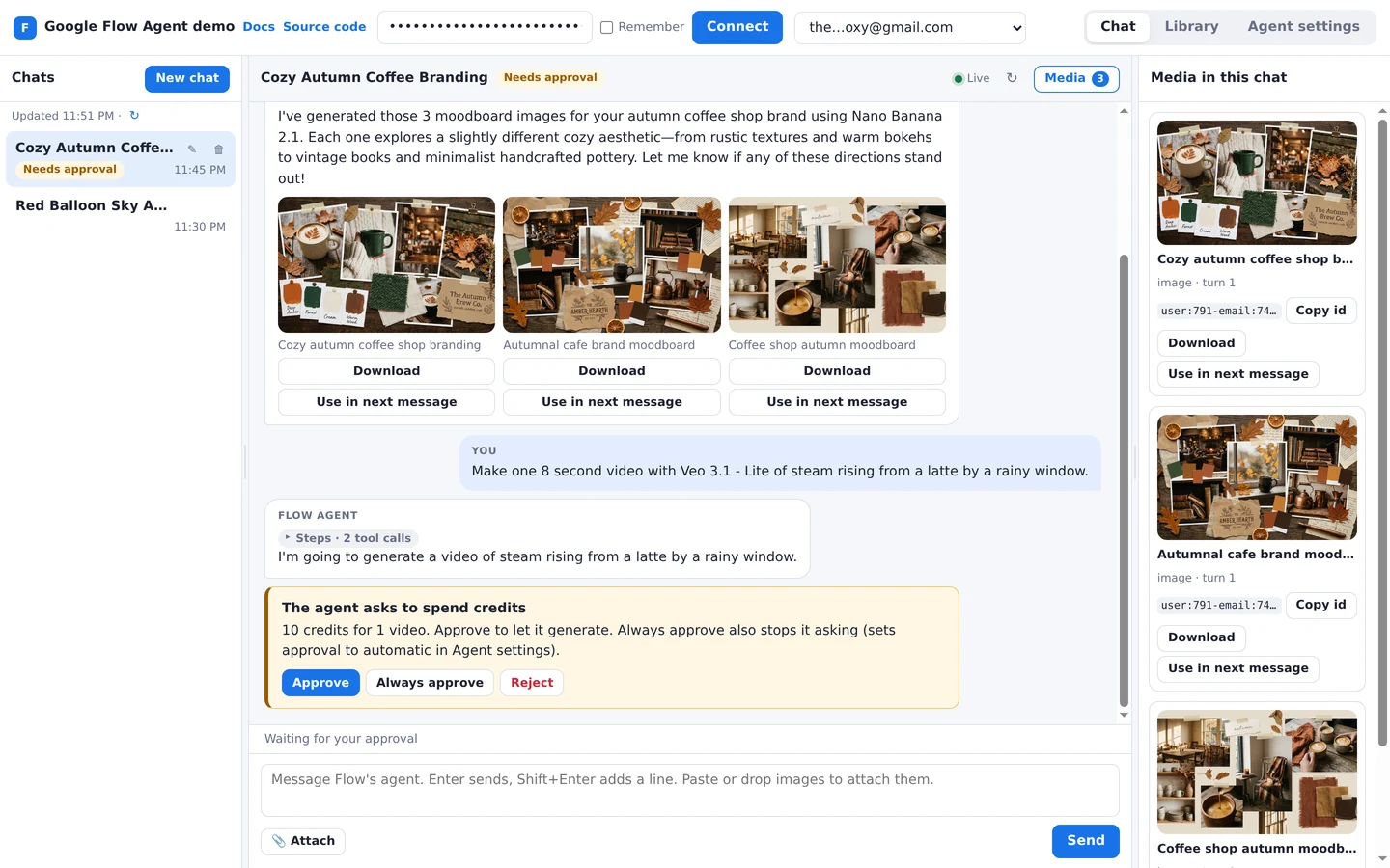 The Google Flow agent asks to spend 10 credits for one video, with Approve, Always approve and Reject