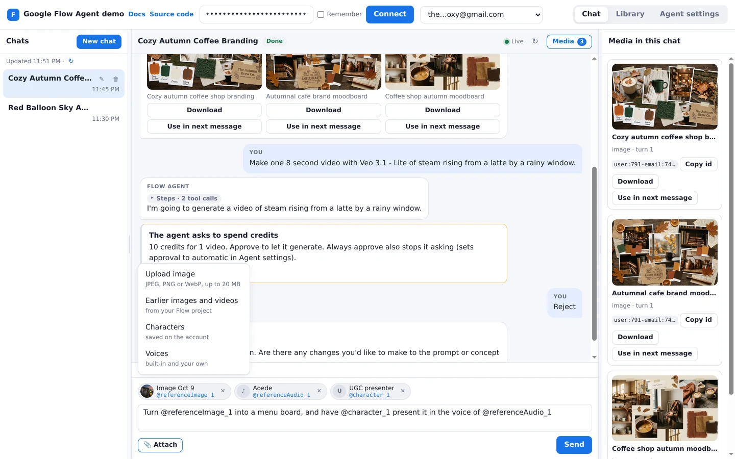 The Attach menu open, with a voice, a character and an earlier image attached above the message