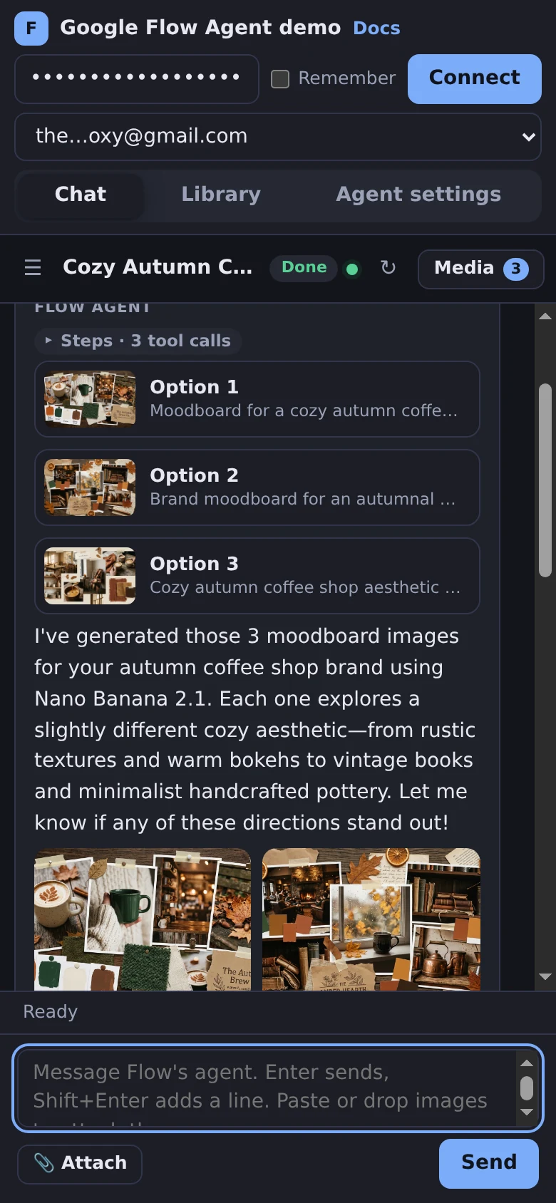 The Google Flow Agent demo on a phone in the dark theme, showing the chat with its images