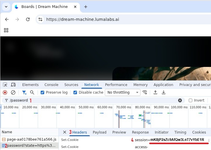 POST /password response showing session Set-Cookie header